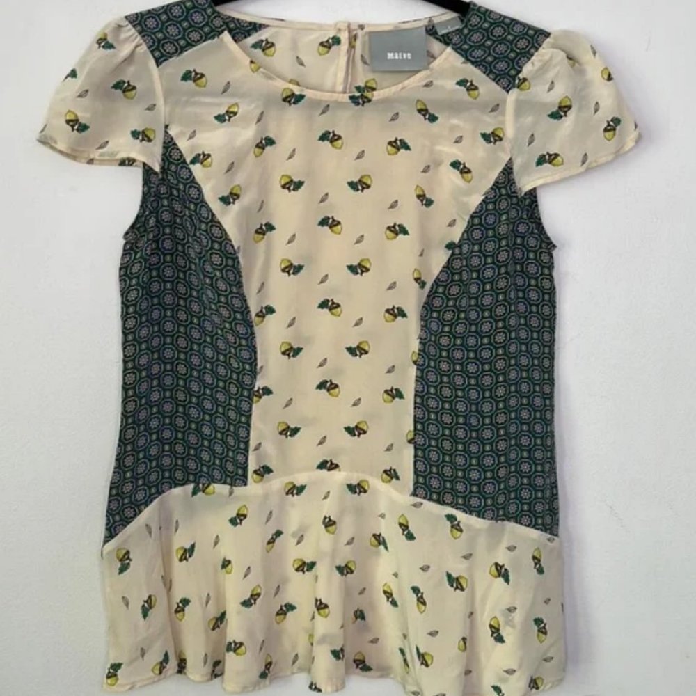 Anthropologie Maeve SIZE 6 Flutter Top Acorn Print Silk